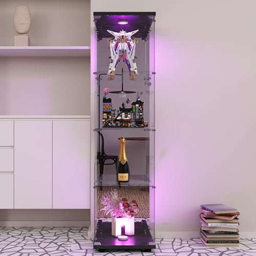 Glasvitrine Standvitrine, Schrank für Sammlung mit LED, mit 1 Tür 4 Einlegeböden transparent Möbel Vitrine Glas Vitrine Figur Glasvitrine Wohnzimmer Bar (4 Etagen, 1 Tür + LED Spiegeleffekt, schwarz)