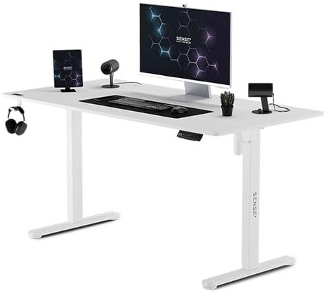 SENSE7 NOJO elektrisch höhenverstellbarer Schreibtisch 140x70 PC & Gaming Tisch mit Speicherfunktion Kabelwanne und Kopfhörerhalter Leise Höhenverstellung für deinen perfekten Stehschreibtisch Weiß