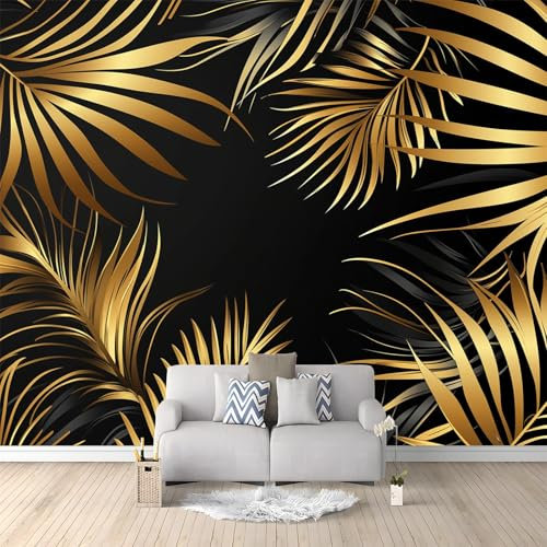 Papier peint intissé panoramique Feuilles De Palmier De Luxe Élégantes Revêtement mural décoration chambre salon 350 x 256 cm Poster Géant Décoration Noir Or pour Salon Chambre Décoration Murale