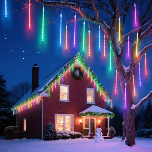 Aigostar Meteorschauer-Weihnachtslichter, 8 Röhren 30 cm, 192 LEDs, RGB, Wasserdicht für Innen/Außen an Weihnachtsbaum, Garten, Partys