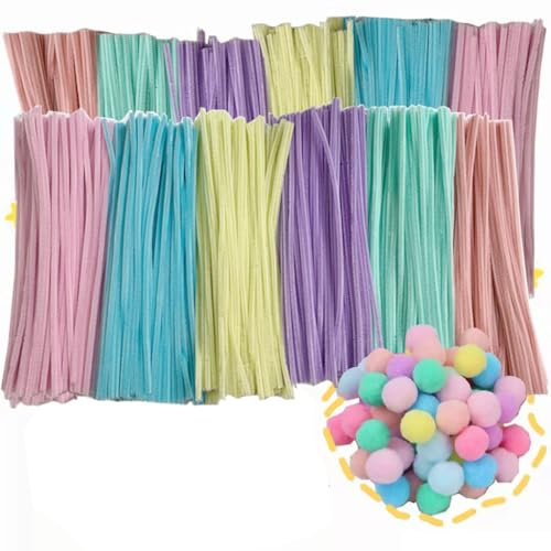 Krmoau Limpiador de pipas de colores para manualidades, 200 x alambre esponjoso para manualidades con 20 bolas de pelo, varilla giratoria, proyectos hechos a mano, decoraciones para niños y adultos