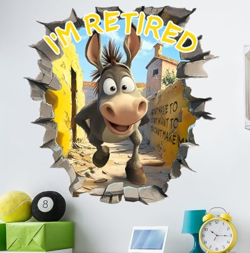 COVPAW 3D Wandtattoo Lustige Esel Wandaufkleber I'm Retired Wandbild 73x74 cm Wohnzimmer Kinderzimmer Schlafzimmer Küche usw. (3D Donkey)