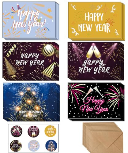 24 Pack Happy New Year Cards 2026 with Envelopes and Stickers, Assorted New Year Greeting Cards Set for Families Friends Colleagues, Multicolour Holiday Cards for NYE Party and Decorations 2026