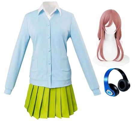 Noowye Anime Nakano Miku Cosplay Kostüm Rock Blouse Schuluniform Outfit mit Kopfhörer Prop Perücke Halloween Uniform Weihnachten für Halloween Karneval