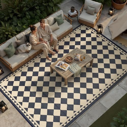 PureCozy Outdoor Teppich Wetterfest,Waschbarer Camping Balkon Teppiche 180x270cm Wendbar UV-bestandig Carpet,Outdoorteppich für Balkon,Garten,Terrasse,Deck,Hinterhof, Schwarz & Beige