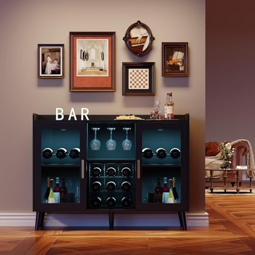 Garvee Mueble Bar para Vino con Luz LED, 120 x 40 x 90 cm, Armario para Vino Puertas de Vidrio, Gran Capacidad Botellas y Soporte para Copas, Estación de Café en MDF,Negro
