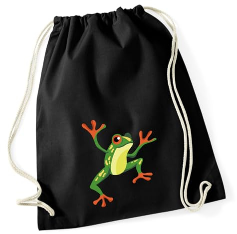 Huuraa Turnbeutel Frosch Comic Geschenk | Sportbeutel 12 Liter Black Baumwolle Schwarzer Rucksack Geschenkidee Unisex Beutel mit Kordelzug Baumwollbeutel