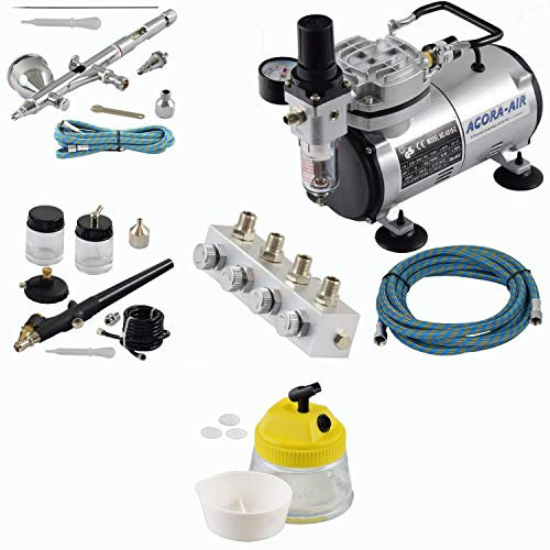 Agora-Tec® Airbrush Komplett-Set EXPERT XIV.3, Komplettsystem für Airbrushanwendungen, inkl. Kompressor mit 4 bar und 20l/min + 2 Airbrushpistolen mit 0,2 & 0,3 & 0,8mm Nadeln/Düsen + regelbaren 4-fach Luftdruckverteiler + Clean Pot + 2 Schläuche +Adapter