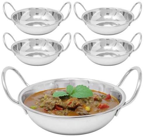 BARGAINS-GALORE Set of 5 Balti Dishes - 15cm Karahi Metal Curry Serving Deep Dishes Stainless Steel Indian | Set of 5 | Home Kitchen Restaraunt Catering | Eating Serving | Mirror Finish