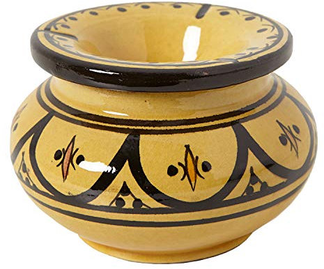 Marokkanischer Keramik Aschenbecher Gelb mit Deckel Ø 12cm Windaschenbecher handbemalt & handgetöpfert Kunsthandwerk aus Marrakesch KE5002