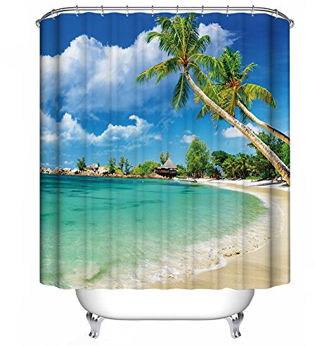 GraceFINE Duschvorhang 3D Polyesterfaser Stoff Wasserdicht Bad Vorhänge Antibakterielle Badezimmer Gardine mit Haken 180*180cm, Beach