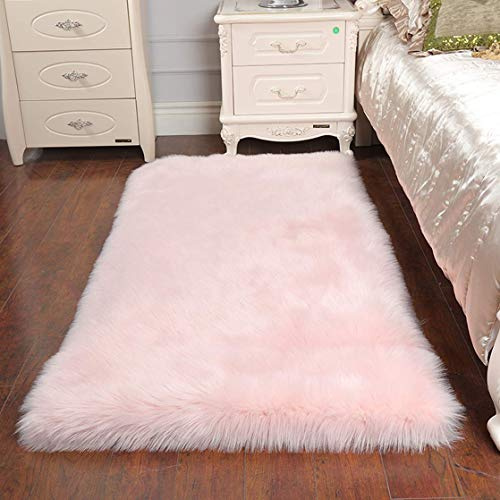 QINGLOU Faux Lammfell Schaffell Teppich (75 x 120cm) Wohnzimmer Schlafzimmer Kinderzimmer/Als Faux Bett-Vorleger oder Matte für Stuhl Sofa (Pink, 75 x 120cm)