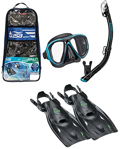 Hogdseirrs TUSA Sport Erwachsene Powerview Maske, trockener Schnorchel und Flossen Reise-Set, Mittel