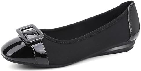 Greatonu Women's Flats Square Toe Ballet Buckle Soft Walking Slip-on Dress Shoes Black Size 7