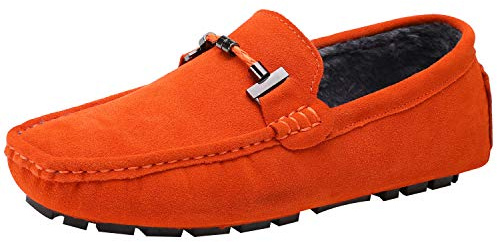Jamron Mens Elegant Buckle Loafers Comfort Suede Driving Shoes Stylish Moccasin Slippers Orange Plush SN19020-2 UK11.5