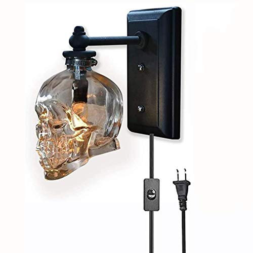 Totenkopf Lampe Wandlampe mit Schalter und Stecker LED Innen Vintage Schädel Wandleuchte Bones Retro Industrie Wandlampen Transparent Glas Schatten E14 Dekorative Beleuchtung Bar Party Schlafzimmer