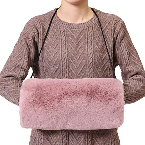 Rulala Fancy Faux Fur Hand Muffs for Women Winter Warm Arm and Hand Warmer with PU Leather Strap Include Pockets(Charleston Pink)