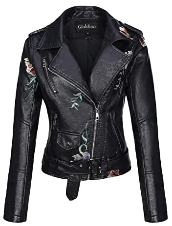 Giolshon Damen Lederjacke Kunstleder Bikerjacke Frühling Herbst Beiläufig Weiche Kurz Blume Mantel 1702020 Schwarz S