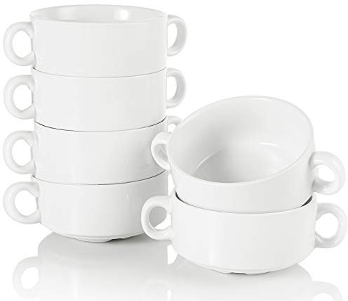 Foraineam Porzellanschüsseln mit Doppelgriffen, 284 ml, Weiß, französische Zwiebelsuppe, rund, stapelbar, für Suppe, Müsli, Haferflocken, 6er-Set