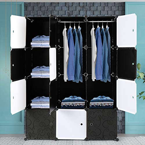 Alightup Armoire Penderie Modulable Portable Grande Capacité Storage avec Portes Étagère de Etagères Empilables Plastique Rangement Chambre Adultes pour Chaussures Vêtements Jouets Noir 12 Cubes
