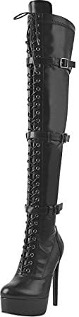 Only maker Damen Strech Overknees Schnürstiefel Plateau High Heels mit Schnallen Reißverschluss Lederoptik Schwarz 39 EU