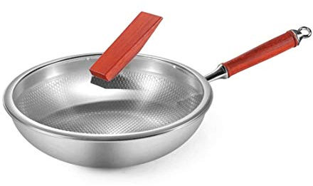 SMSOM Craft Wok traditionelle Hand gehämmert, Edelstahl unbeschichteter Pfanne 5 laminiertes Gießen Schnelle Wärme mit Holz- und Stahlhelfergriff (14 Zoll) (Color : Red)