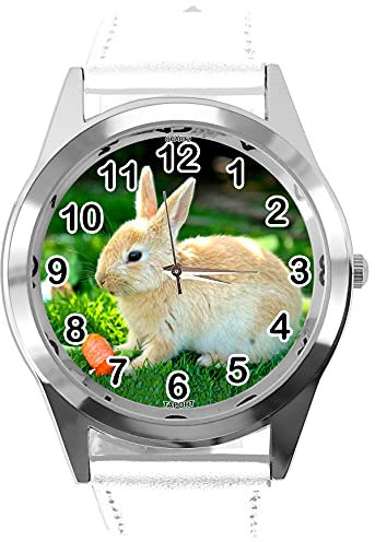 TAPORT E2 Quarz-Armbanduhr fur Kaninchenfans, Leder, rund, Wei