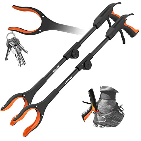 JELLAS Pinza Larga, 81cm Alcance Objetos Mango Ligero de Aluminio y Puntas Magnéticas, Cabezal Plegable Giratorio de 360° para Recoger Basura, para Diversidad Funcional 2 Paquete (Naranja)