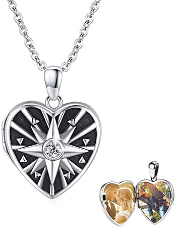 XIXLES Herz Medaillon Halskette für Frauen 925 Sterling Silber Kompass Foto Medaillon Anhänger Medaillon zum Öffnen Amulett zum Öffnen Schmuck Geschenke für Mutter Frau