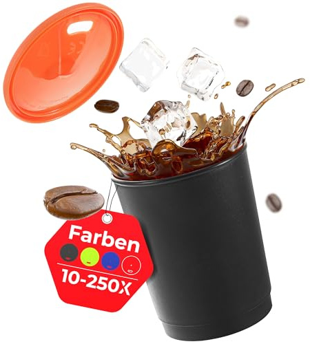 achilles Kaffeebecher mit Deckel, Kunststoffbecher, Mehrwegbecher, Trinkbecher, LFGB geprüft, spülmaschinenfest, stapelbar, 330 ml, Becher schwarz, Deckel orange, 10 Stk.