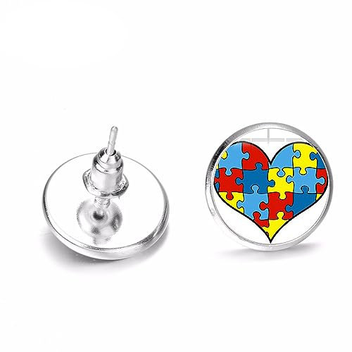 Earrings Colorful Jigsaw Puzzle Pieces Take Care of Autism Symbol Pattern Glass Gem Mini Ear Studs Jewelry