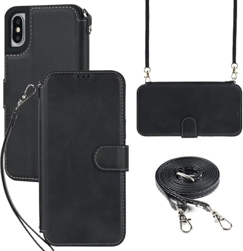ELTEKER Hülle für iPhone XS Max Klapphülle,Handyhülle iPhone XS Max mit Umhängeband und Kartenfach,Perfekt Schutz Case mit Ständer Handytasche Lederhülle,Schwarz