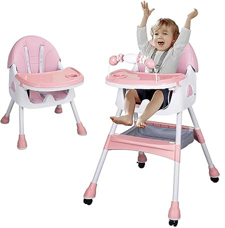 Sinbide Chaise Haute Bébé Pliable Chaise Enfant Voyage avec roulettes, dossier réglable, tablette amovible, siège avec ceinture de sécurité pour 6 mois à 6 ans Repas Bébé 20kg (Rose)