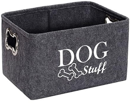CUSROS Dog Toys Storage Bins Felt pet Baskets Dog Toy Storage Box with Metal Bone-Shaped Handle, Dog Toy Storage Baskets, Collapsible Dog Toys Organizer Box for Pet Toys, Blankets Dark Gray