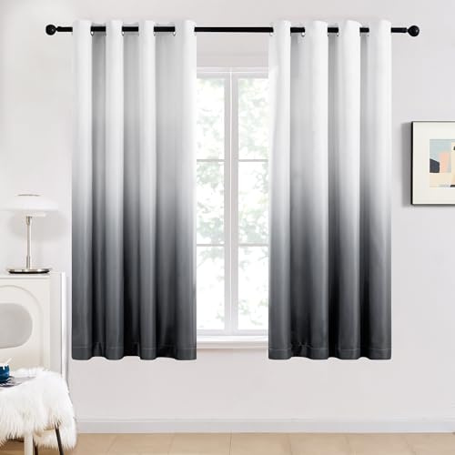 Deconovo Grey Blackout Curtains for Bedroom Thermal Insulated Top Ring Curtains Noise reducing Eyelet Curtains for Kitchen 52 x 63 Inch Light Grey and White 1 Pair
