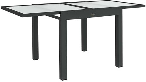 Outsunny - Mesa extensible de jardín, talla grande, dim. Desplegados 160 x 80 x 75 cm, aluminio gris oscuro, bandeja de cristal templado transparente