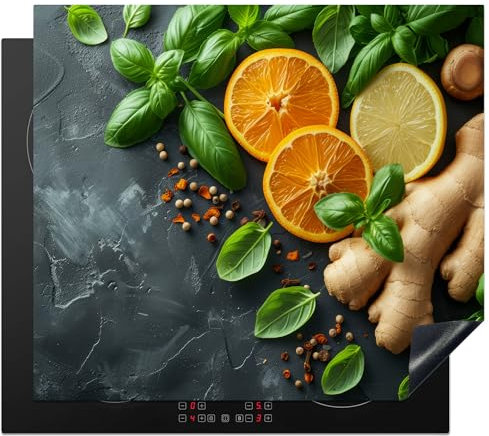 KitchenYeah© Protege Plaque Induction 59x51 cm Deco Cuisine Accessoires Pratique Protection De Vitroceramique Herbes - Fruits - Béton - Gingembre - Feuilles