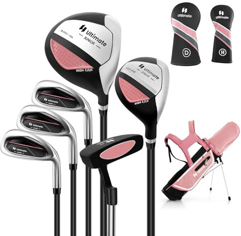 COSTWAY 6-teiliges Kinder Golfschläger Set, Rechtshand Golfschlägersätze mit Golftasche & Regenhaube, Komplettes Golf Set inkl. 7/9/S Eisen, 1 Driver, 4 Hybrid & Putter für 11-13 Jahren Kinder(Rosa)