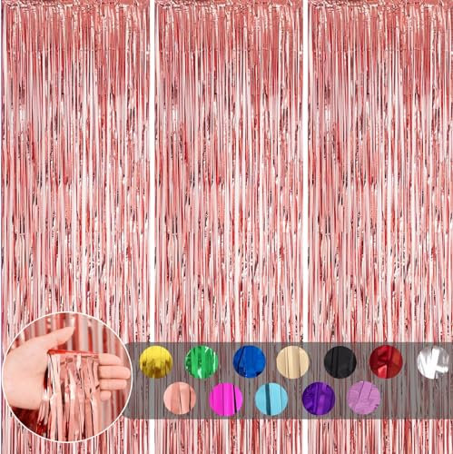 3pcs Rose Gold Metallic Shimmer Curtains, 1*2m Laser Fringe Curtain Wall Tinsel, Tassel Backdrop for Girls Birthday Hen Wedding Party Decorations