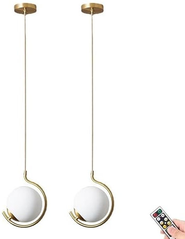 Battery Operated Pendant Light with Rechargeable Blub & Remote, Non Hardwired Dimmable Kithchen Island Light, Modern Gold Globe Glass Hanging Light Chandelier for Bedroom Living Room Dinning Table ( C