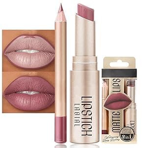 Lippenstift Lipliner Set, Matt Lipstick Rosa Lip Stain, Lippenstift Wasserfest Langanhaltender Lip Gloss Nude Lipsticks Lip Liner Velvet Nicht Klebende, Vegane, Gluten Free