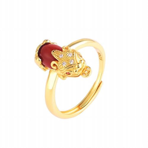 SUNYUHUI S925 Pure Silver Southern Red Achat Ring mit Gold Inlay Jade Retro Index Finger Ring, Golden