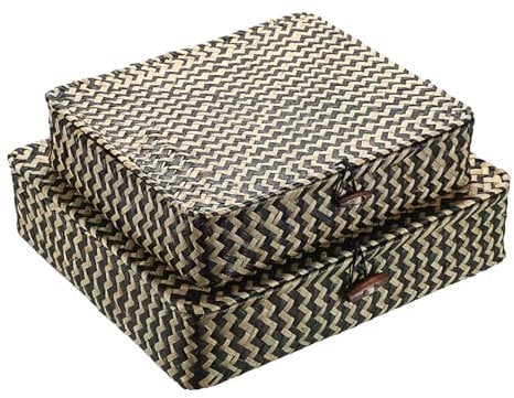 IGNPION Seagrass Storage Baskets with Lid, Set of 2 Flat Wicker Storage Box, Bathroom Shelf Storage Box Tabletop Decorative Organizer Basket Multipurpose Storage Hamper for Living Room, Kitchen