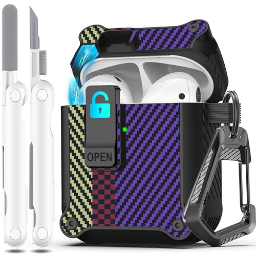 R-fun Compatible con AirPods 2.ª generación 2019, 1.ª Gen 2016 Funda Protectora, Total contra caídas, Tapa emergente automática para Funda Apple Airpods con Kit de Limpieza,Fibra de Carbono Morado