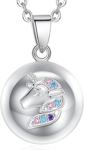 EUDORA Harmony Ball Collier Bola de Grossesse pour Femme, Pendentif Carillon Musical Licorne, Cloche à Souhaits Boule du Mexique, Collier Appelant D'ange, Bijoux Cadeau pour Maman, 114,3 cm + 76,2 cm
