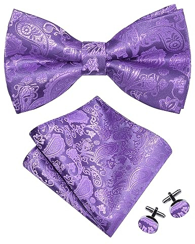 Gusleson Mens Lavender Bow Tie Pocket Square Set for Wedding Pre-Tied Light Purple Paisley Bowties Handkerchief Cufflinks for Party (UK0497-14)