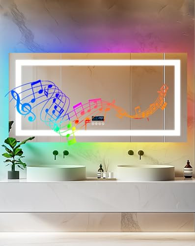 LUVODI Espejo Baño Led Bluetooth 140x70 cm Espejo Pared Inteligente con Luz Frontal y Retroiluminado Rgb de Color Espelho Banho Rectangular Moderno Antivaho con Pantalla Digital Hora Fecha Temperatura