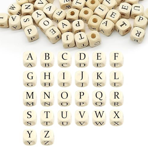 100 Stück Holzbuchstaben Perlen, 10mm Alphabet Würfel aus natürlichem Buchenholz,Ausgestattet mit 10 passenden Seilen,A-Z Alphabet Buchstabenwürfel Holz,für DIY Schmuck, Armbänder und Dekorationen