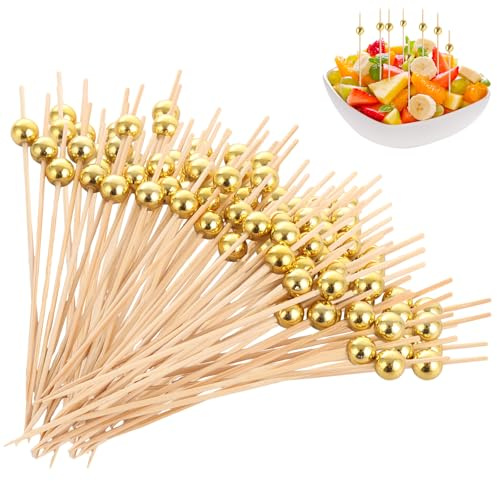 ASelected 300 Stück Zahnstocher Cocktailspieße mit Gold Acrylperle 12 CM Fingerfood Spieße Buffet Zubehör für Cocktail Deko Cocktailspieße Geburtstag Party Obstspieß