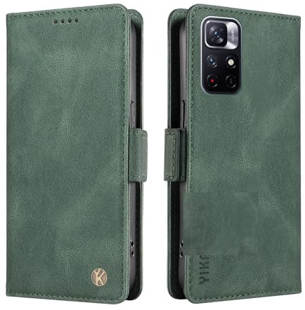 ILING Coque pour Xiaomi Redmi Note 11S 5G / Xiaomi Poco M4 Pro 5G, Premium PU Étui Portefeuille en Cuir, avec RFID Blocage/Fentes pour Cartes/Béquille, Très Mince Antichoc Flip Case Housse (Vert)